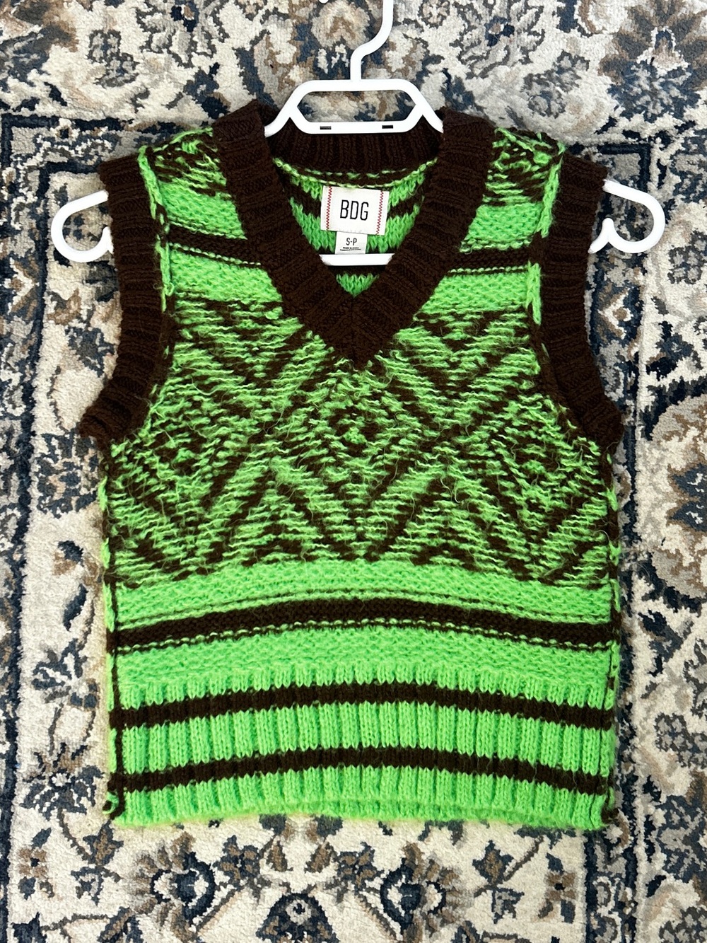 Urban Outfitters Neon Green & Brown Knit V‑Neck Vest